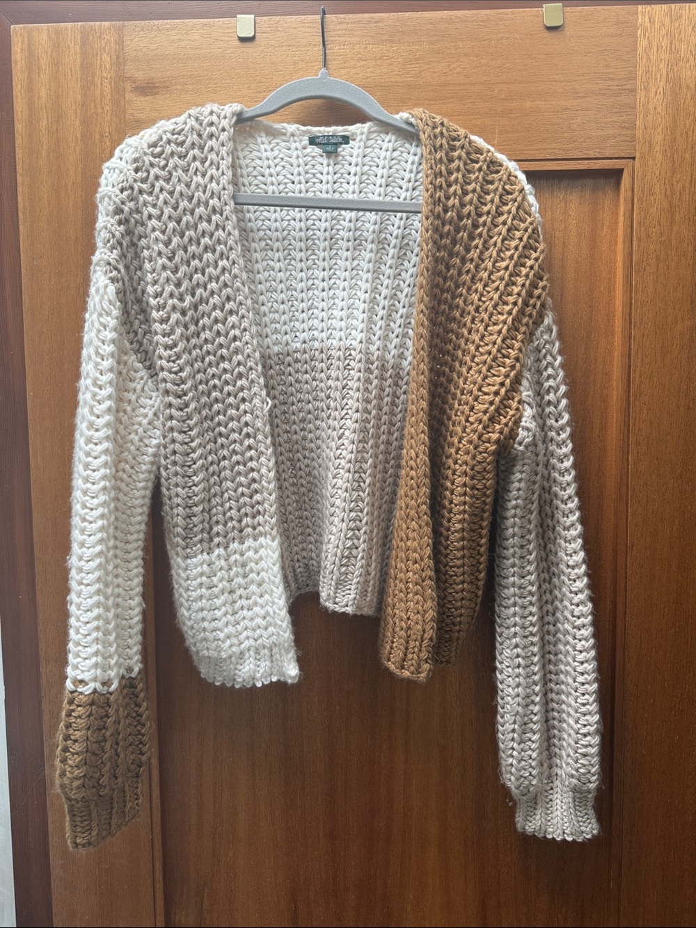 Chunky Colorblock Open-Front Sweater Cardigan - Beige & Camel
